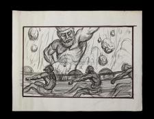 JASON and THE ARGONAUTS (1963) - Ray Harryhausen Hand-Drawn Concept of Triton (William Gudgeon) and the Argo