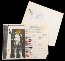 STAR WARS - EP VI - RETURN OF THE JEDI (1983) - Hand-Drawn Biker Scout Helmet Sketch and Coloured Costume Reference Sheet